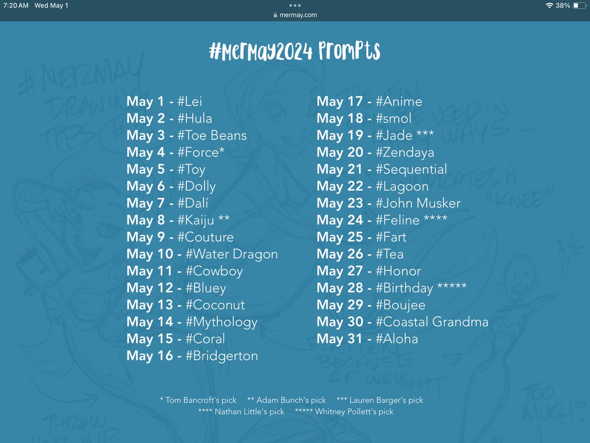 🐠ATTENTION ALL ARTISTS!!🐠

MERMAY 2024 HAS OFFICIALLY STARTED!

HERE IS THE OFFICIAL PROMPT LIST FROM THE WEBSITE!!

#mermay #art #artchallenge #artshare #artist #artmoots #mermay2024