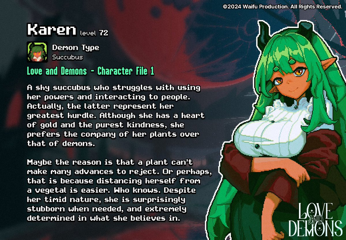 #LoveAndDemons Character File #1
Karen - the Shy Succubus

Wishlist Now! s.team/a/2755170

'If I had to choose between feeding a fire-spitting carnivorous plant and talking to another suitor who would do anything for me, the choice would be obvious to me.'

#visualnovel…