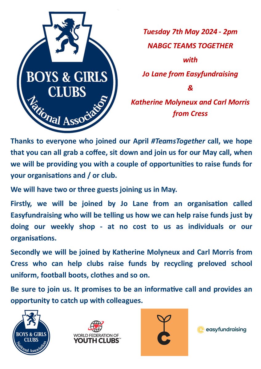 Our next NABGC #TeamsTogether call is coming soon. Hope you can join us next week - Tuesday 7th May at 2pm. - and find out how you can raise funds for your club through @easyuk & Cress.