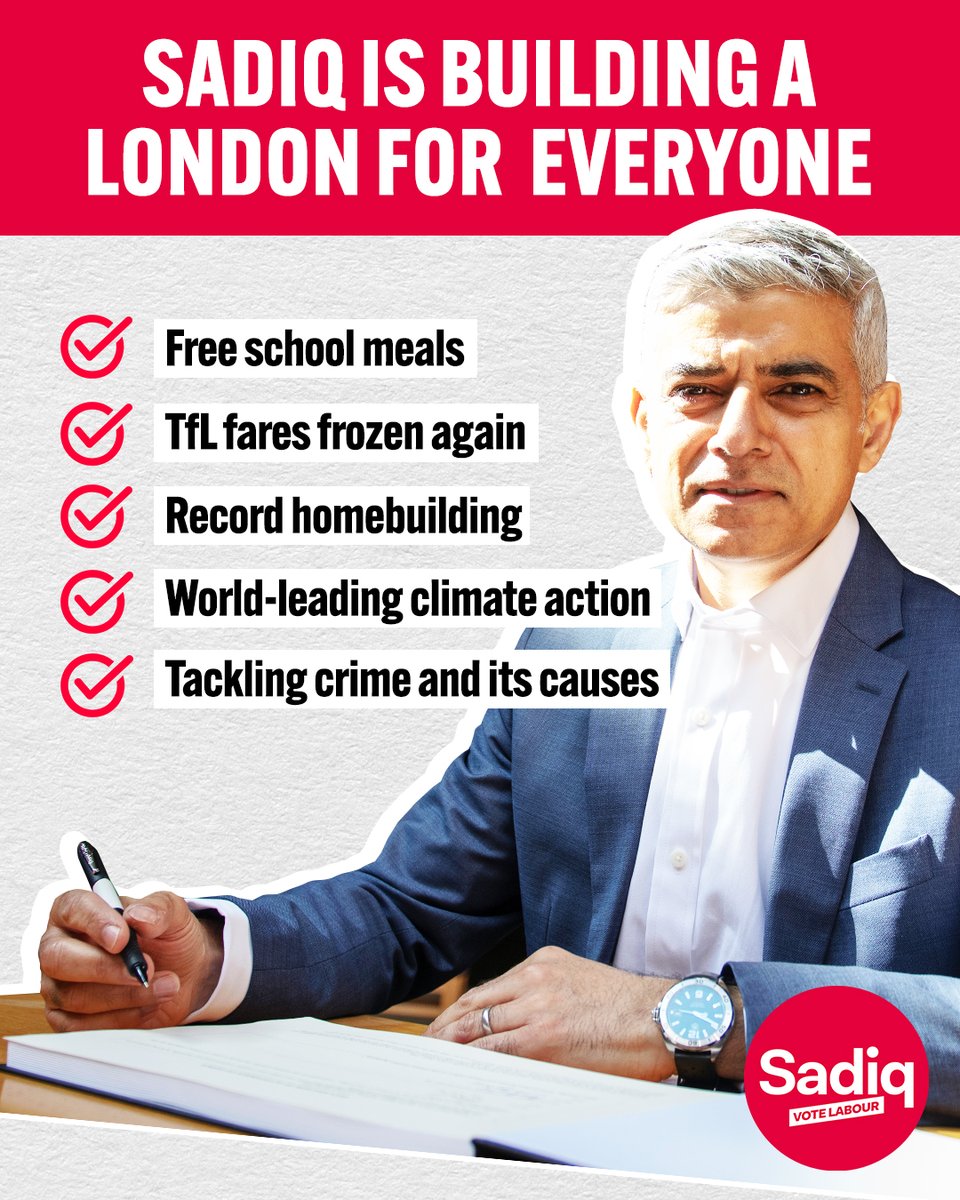Tomorrow Londoners will get a chance to vote for the next mayor. From universal free school meals to record homebuilding, @SadiqKhan has done so much for London. But he's just getting started. Make sure to use your voice tomorrow. 🌹