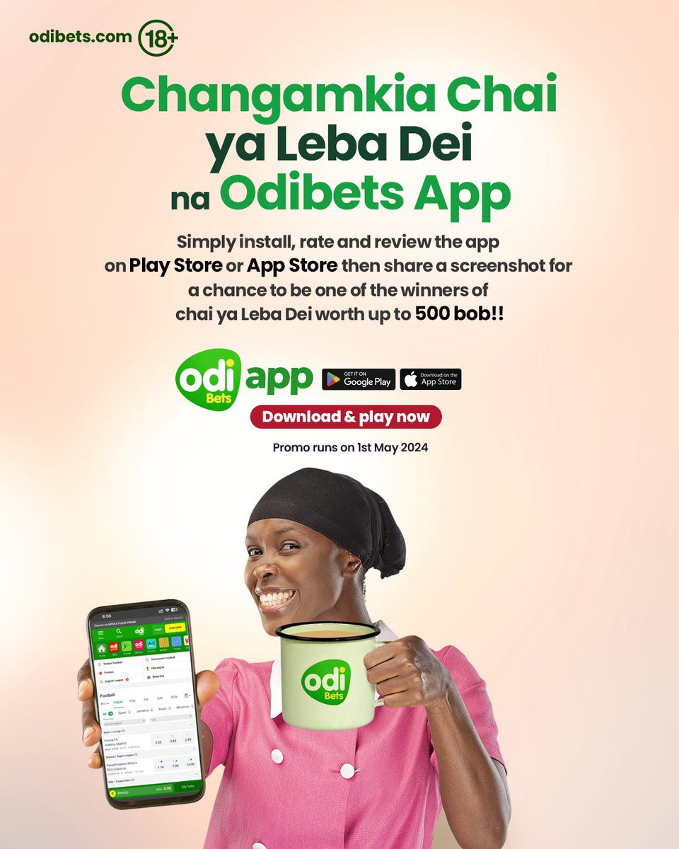 LEBA DAY APP DOWNLOAD CHALLENGE!!📲 Changamkia chai ya Leba Dei mapema☕ -Simply install, rate and review the app on Play Store or App Store then share a screenshot for a chance to be one of the winners of chai ya Leba Dei worth upto 500 bob!! 👉🏼 odibet.page.link/smd