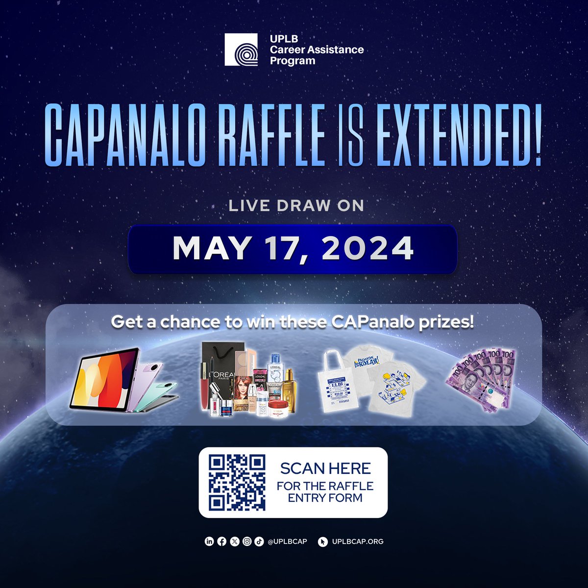 uplbcap's tweet photo. We heard you and the possibilities to win CONTINUE!
UPLB CAP is extending its CAPANALO Event Raffle until May 17, 2024!๐
Secure your tickets for only โฑ20! https://t.co/DizUNUp3nQ
#CareerFair2024
#RisingBeyondBoundaries
#ExperienceUPLBCAP https://t.co/3F5WQqnrDX