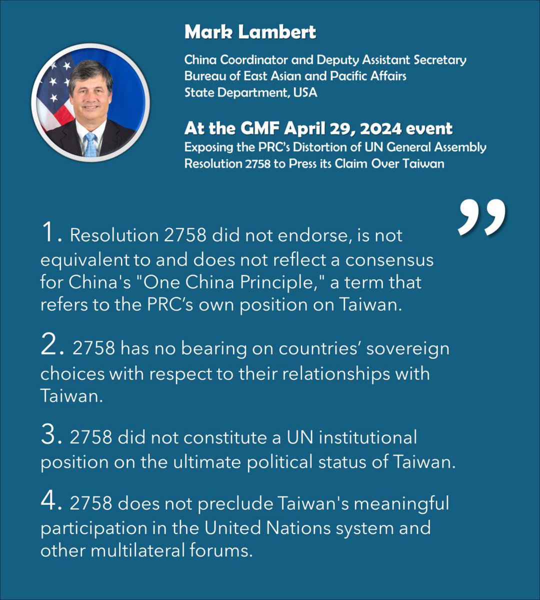 Thank you, DAS Lambert, for clarifying that #UNGA 2758 isn’t what the #PRC claims. It can’t exclude our int’l participation & qualify peace in the region as domestic affairs. Also, in no way can #China use it to threaten #Taiwan militarily which clearly violates #UN Charter. JW