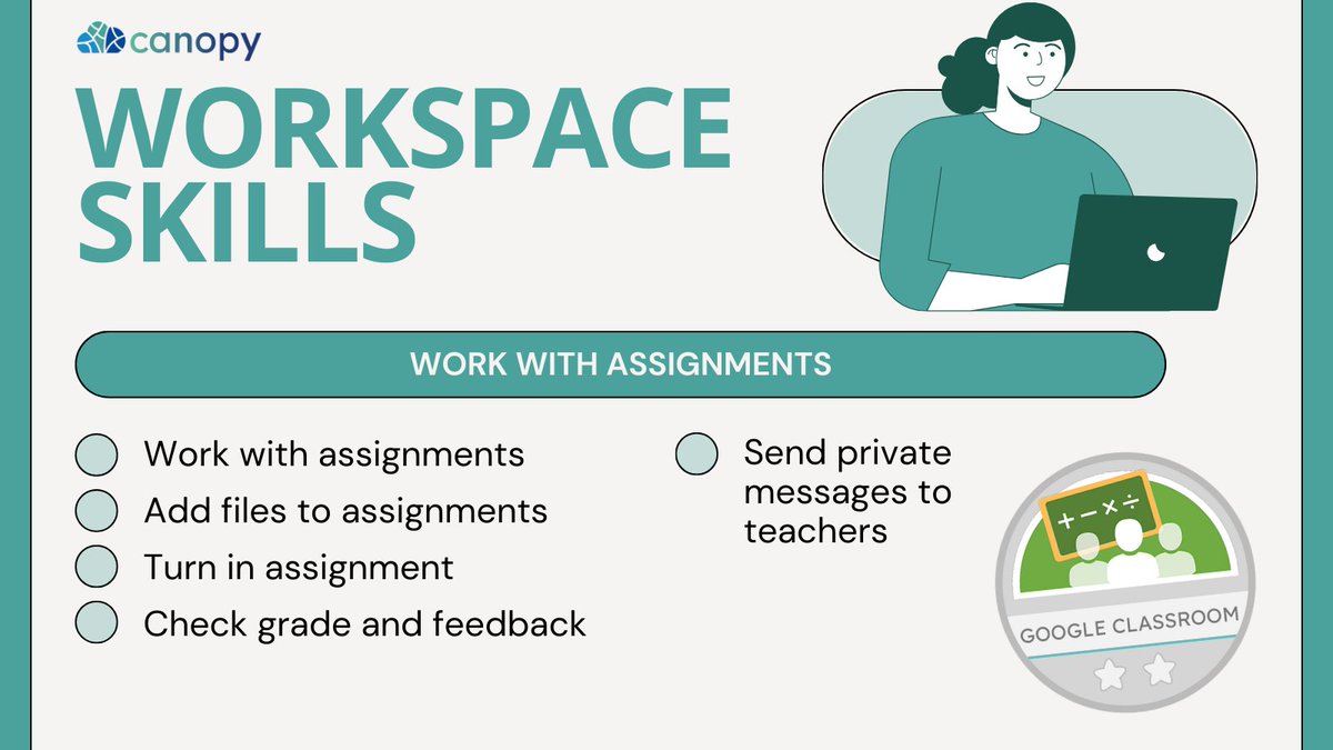 Ditch the classroom chaos! 😇 Our 'Work with Assignments' Google Classroom tutorial helps students conquer deadlines: adding files, submitting work, checking grades & feedback, plus sending private messages to teachers. 👉 workspaceskills.com #WorkspaceSkills