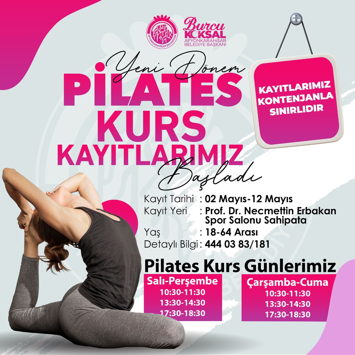 Hanımlar gözünüz aydın🥳 🔹Yeni Dönem Plates Kurs Kayıtlarımız Başladı Kayıt Tarihi 🗓️2 Mayıs-12 Mayıs 1⃣8⃣ -6⃣4⃣ Yaş Arası Bilgi İçin⬇️ ☎️: 444 03 83/ 181