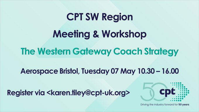 📢Diary date! Aerospace Bristol - Tues 07 May Join CPT SW Region & @WestGatewaySTB to discuss their regional coach strategy: * Future coach markets in the SW * Better coach stop & parking facilities in the SW * A carbon management plan for the sector in the SW