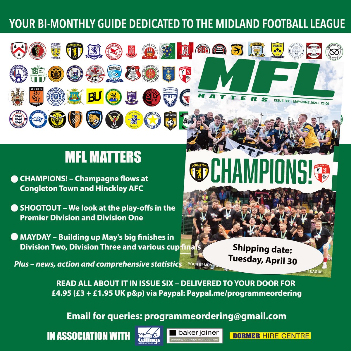 ⚽️ Back at Walsall tonight for the MFL Cup final - @CongletonFC v @HighgateUnited - with copies of the new edition of MFL Matters Including: ⭐️ Title specials on Congleton & @hinckley_afc ⭐️ Cup and play-off final previews £3 per copy, find us outside the turnstiles