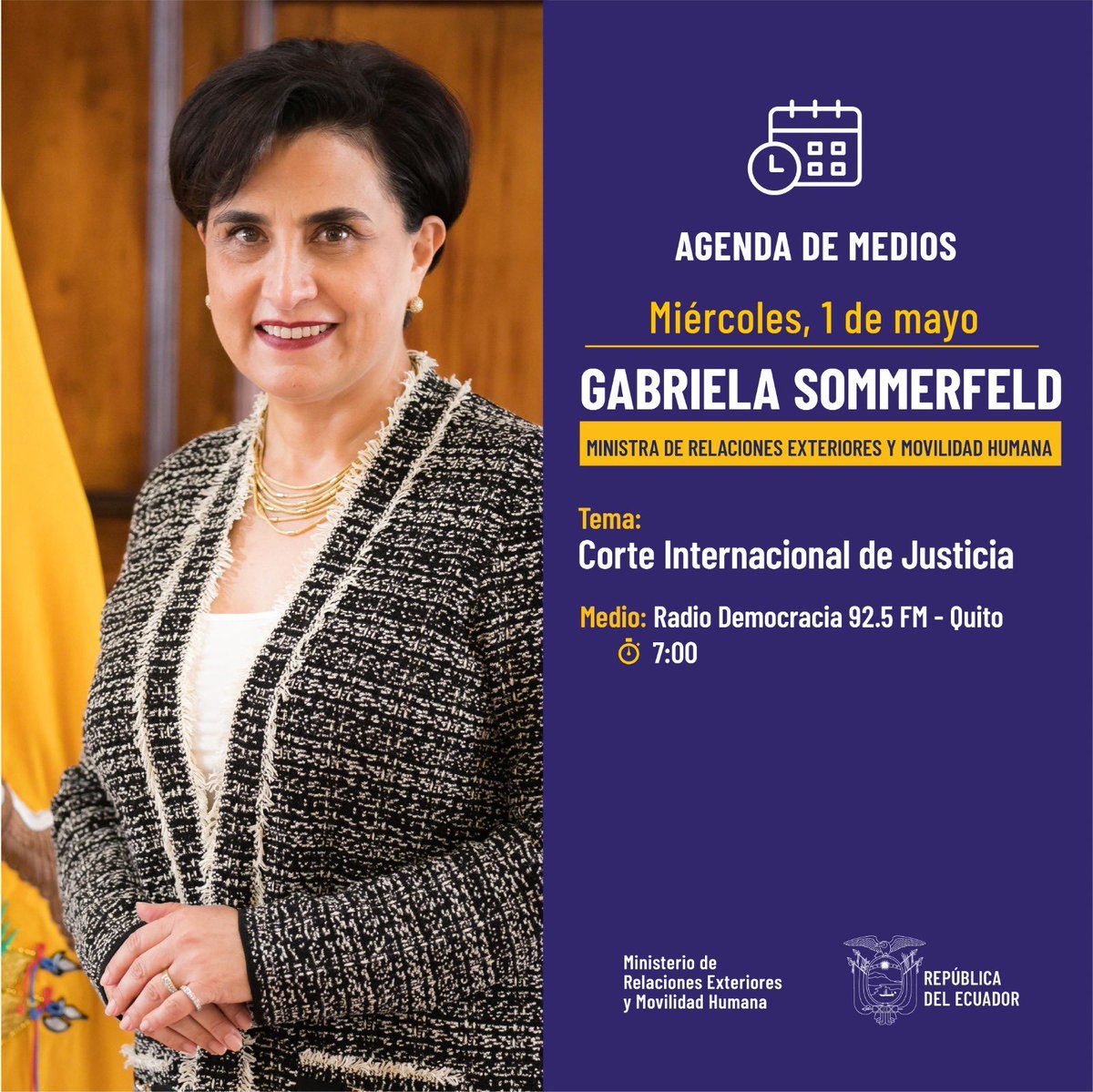 #AgendaDeMedios La canciller @gabisommerfeld hablará sobre los últimos desarrollos en la Corte Internacional de Justicia en @democraciaec 🗓️ miércoles, 1 de mayo 🕖 7:00 AM 📡 Radio Democracia 92.5 FM 👩‍💻democracia.ec/web/