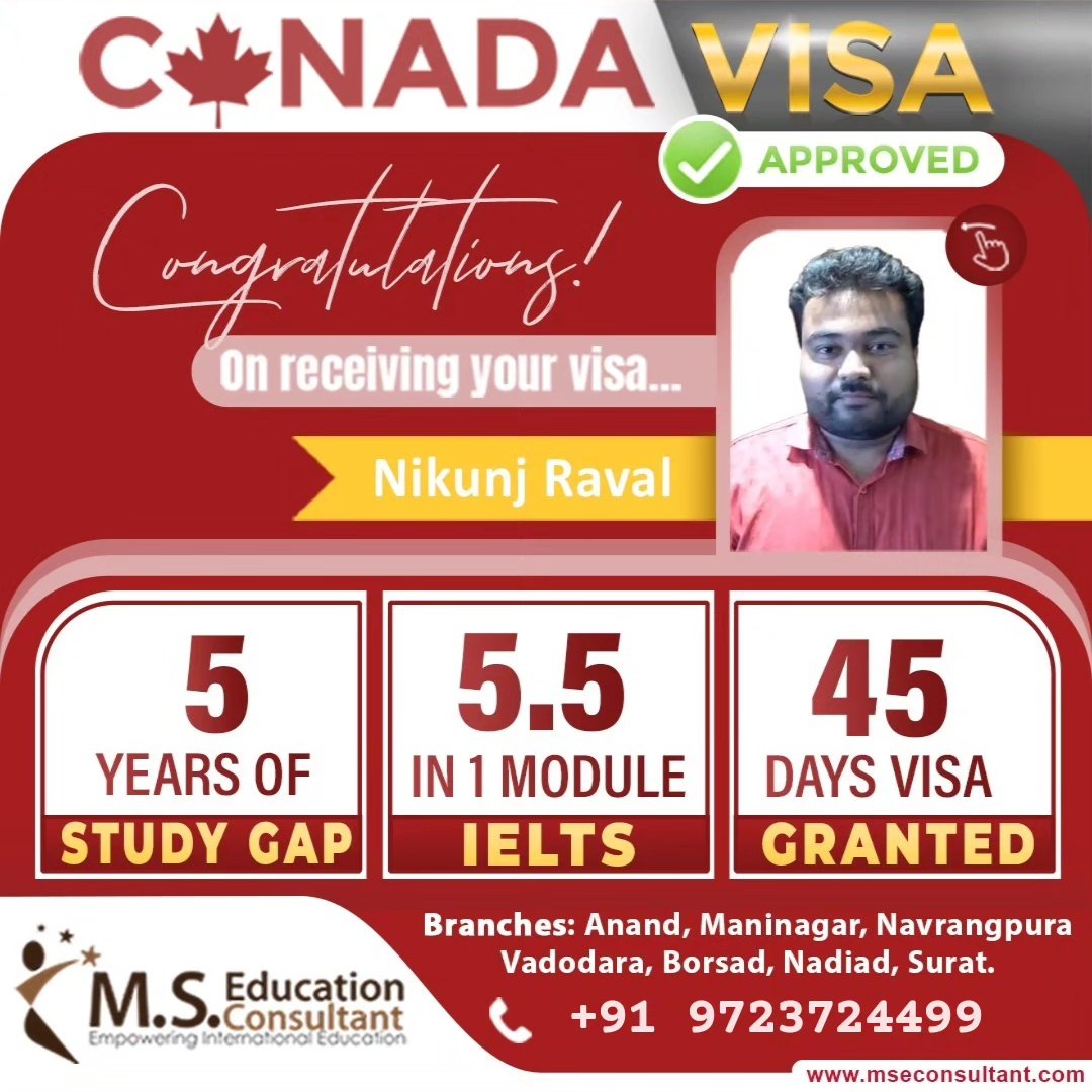 Congrats!!! 🌟 Nikunj Raval for #Canada 🇨🇦 #StudentVisa 💐

🔸Visa in 1st attempt
🔸5.5 in 1 module
🔸5 Year of study gap
🔸45 Days visa granted
 
#MSEducationConsultant #StudyAbroad #IELTS #toefl #pte #Immigration #StudyInCanada #StudyInUSA #bestvisaconsultant #bestieltscoaching