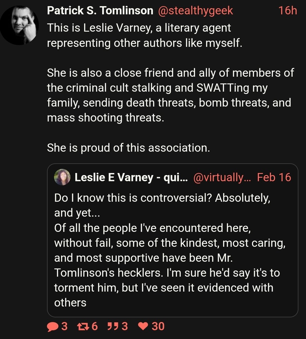 Pointing out Pat's misogyny, laughing at his moronic hot takes, and generally amusing myself from behind a block apparently places me in a 'criminal cult of stalkers' consisting of the likes of Leslie Varney.

Pretty cool. Do we have a secret handshake?