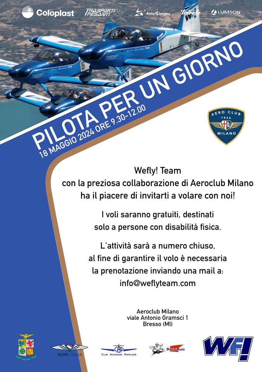 Il 18 maggio con l’ Aero Club Milano, il WEFLY! TEAM organizza la seconda giornata #pilotaperungiorno.
.
Se hai una disabilità fisica e vuoi provare l’emozione del volo prenotati scrivendo a info@weflyteam.com.
.
Ti aspettiamo!
.
#weflyteam #OsaVolare #DareToFly #WeAreUnstoppable