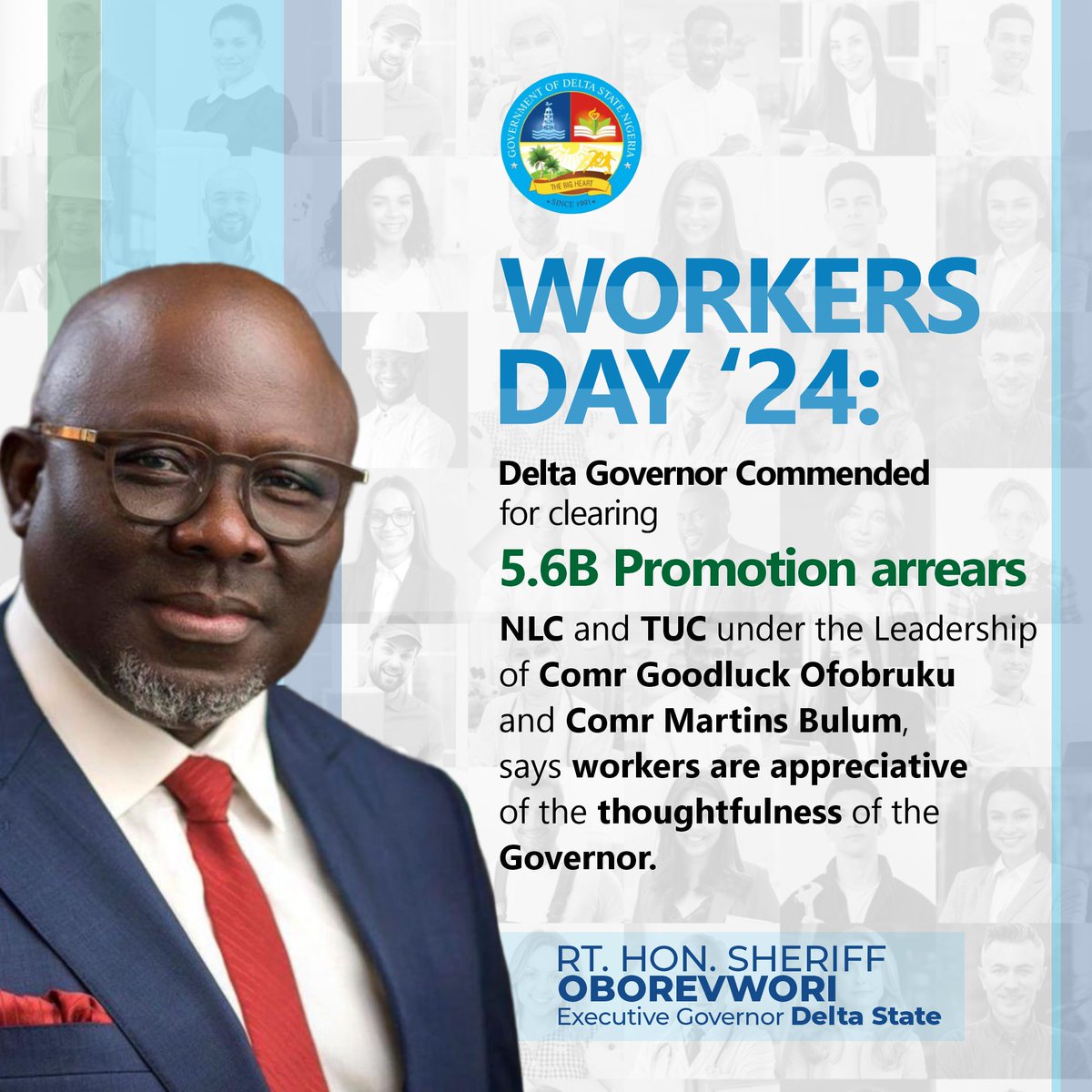 The Amiable Governor of Delta State, @RtHonSheriff Continues to display unrepentant commitment to workers welfare in Delta State.

#WorkersDay 
#Deltastate
#Sheriffcares