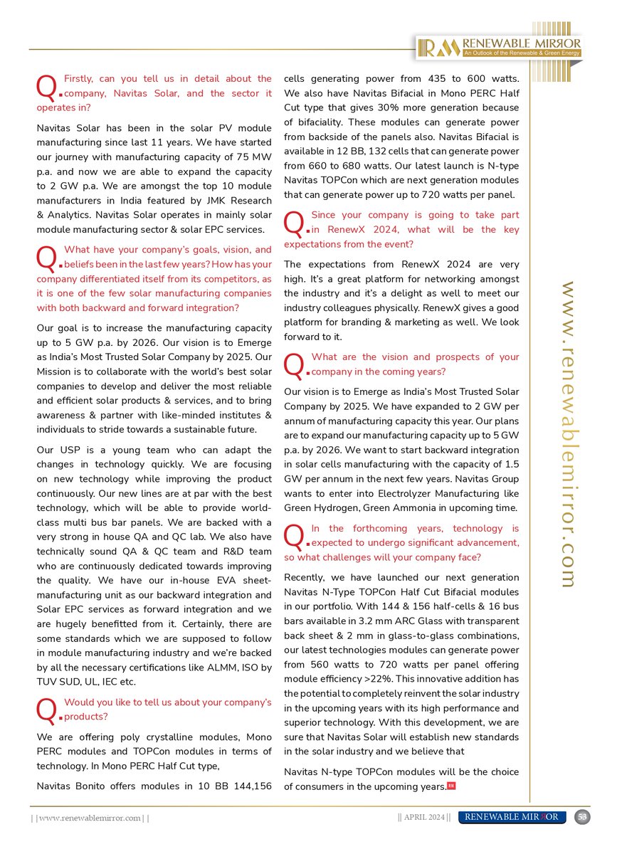 An interview with Mr. Vineet Mittal Director & Co-Founder Navitas Solar

Click here to know more: renewablemirror.com/Interview_deta…

#Navitas #navitassolar #gosolar #renewablemirror #contructionmirror #electricalmirror #tresubmedia #etes2024 #cleanenergy #interview #pvmodule #pv