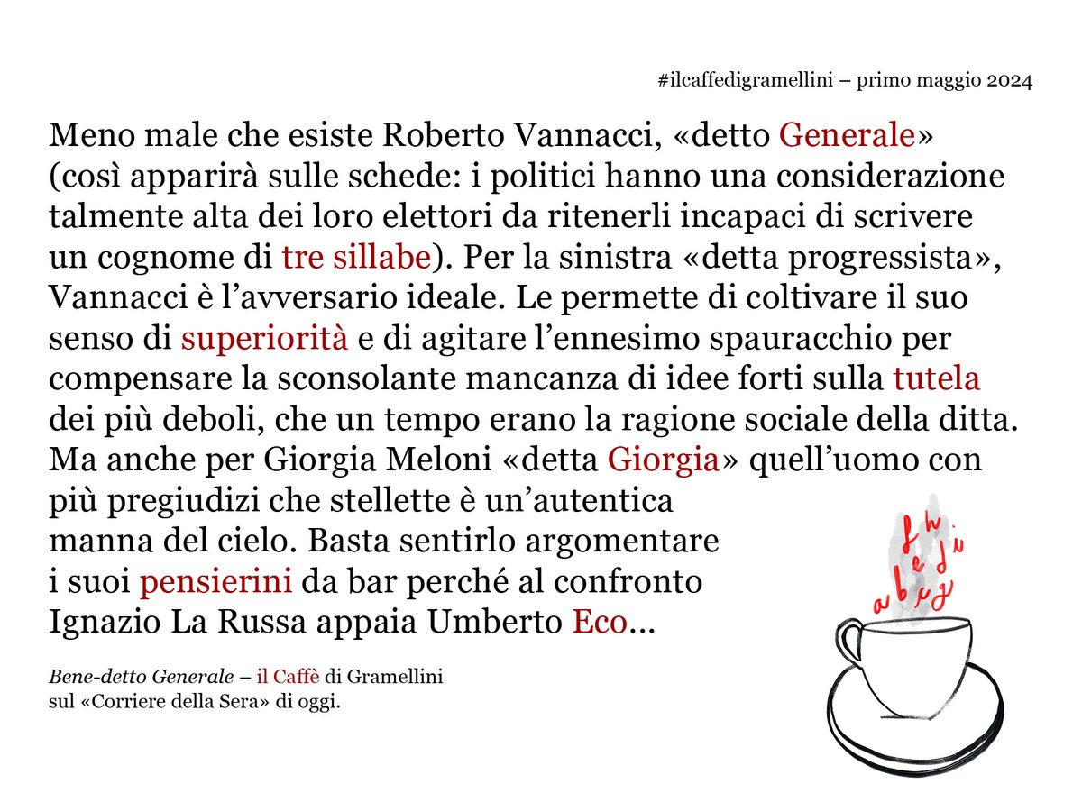 «Bene-detto Generale»: #ilcaffedigramellini sul @corriere di #mercoledì #primomaggio.
corriere.it/caffe-gramelli…