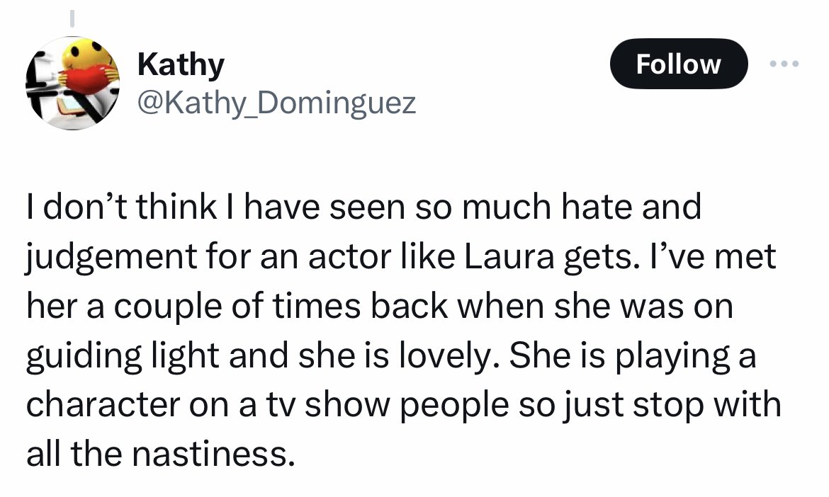 @Kathy_Dominguez @Soapsy6 Yes, I know. 
Telling the person to “just stop with all the nastiness” on a post with no nastiness, then your next comment is “I didn’t mean you”. It’s unnecessary.