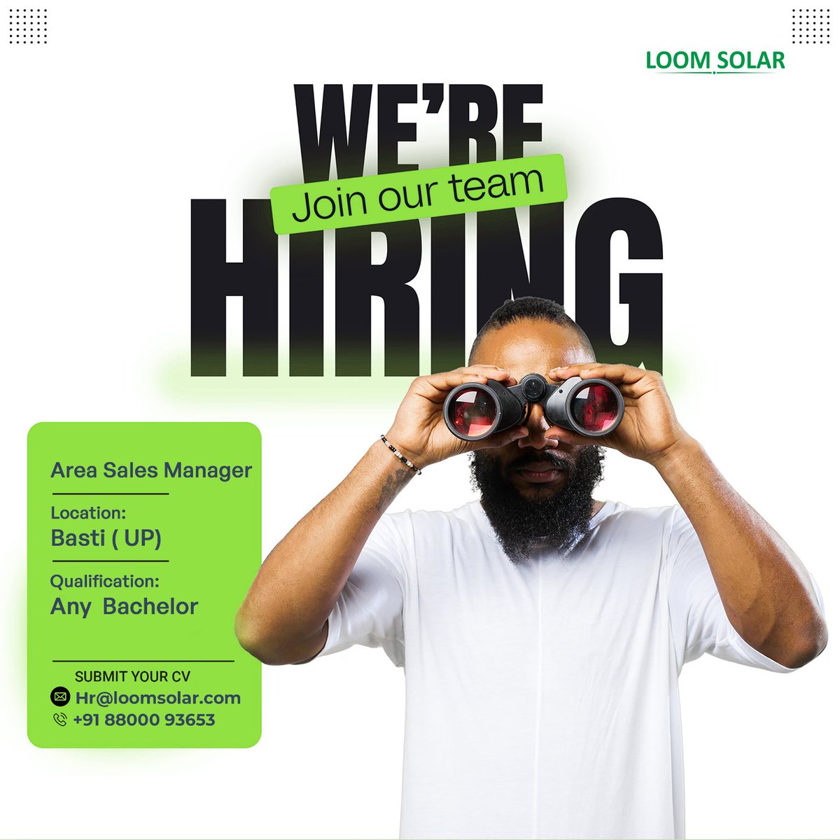 Join Our Amazing Team! As an Area Sales Manager at location Basti, Uttarpradesh. Any graduate can apply for this post. How to apply: Interested professionals can send their updated CVs to Hr@loomsolar.com at +91-8800093653. . . #HiringNow #jobs #search #hire #hiring #successtip