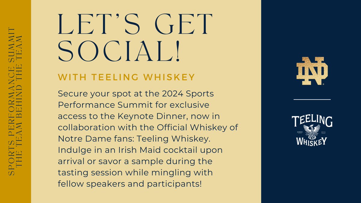 Take advantage of the 2024 Sports Performance Summit! Your registration grants you access to the Keynote Dinner on Friday night, featuring an exclusive @TeelingWhiskey tasting experience. Elevate your performance and savor the finest flavors! Sign up now! fightingirish.com/splt/performan…