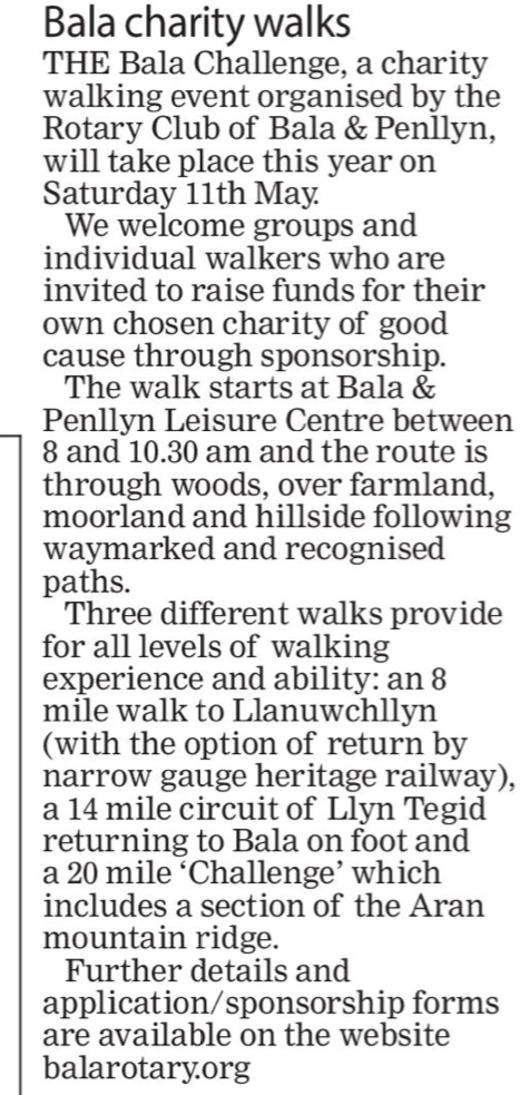 Thanks to North Wales Pioneer for this coverage of the
B A L A       C H A L L E N G E      W A L K s
11th May 2024
Organised by the Rotary Club of Bala & Penllyn
Full details here

rotary-ribi.org/clubs/page.php…