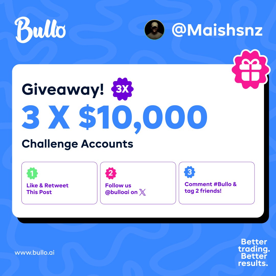 Giveway!! 🎁 👇🏼 x3 $10,000 @bulloai challage account -Follow @bulloai, @MattJamesAE, @callumbullo, @BirenFx, @Maishsnz and @afec_fx. - Tag 3 friends and share your best Trade setup in April. - Like and Retweet. Ends on Friday. (Twitter Picker x Active x Loyal Follower)