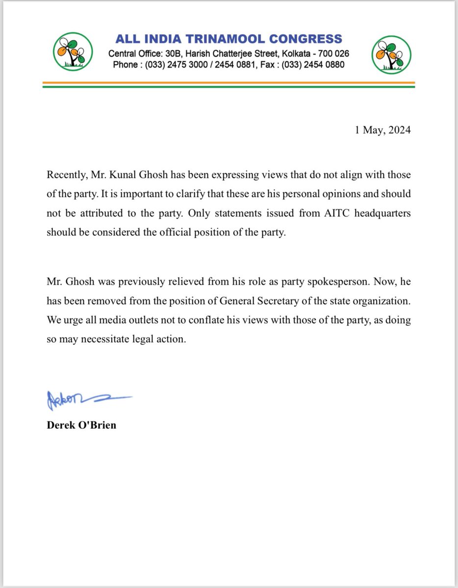 TMC removes #KunalGhosh as party state general secretary after he recently expressed views that don’t match the party’s He was earlier relieved as party spokesperson