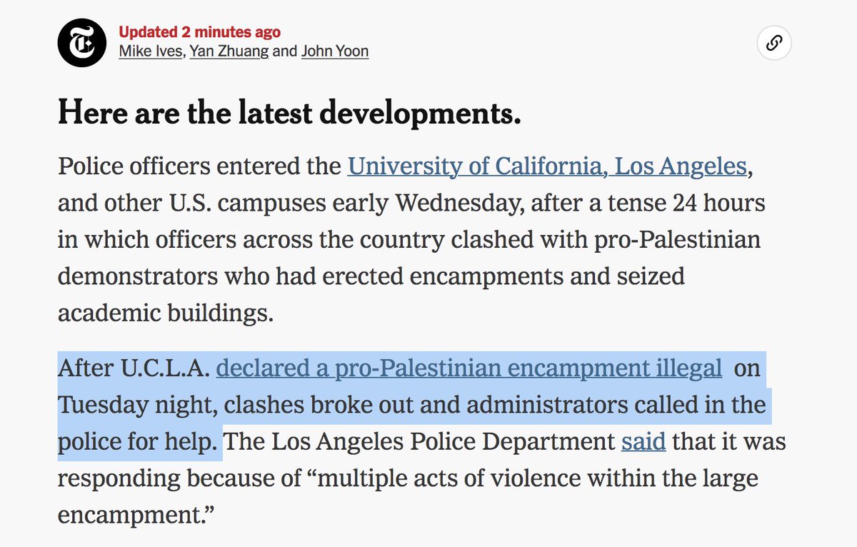 Pro-Israel rioters violently attack peaceful anti-genocide encampment at UCLA. @NYTimes: 'clashes broke out.' Echoes their anti-Palestinian reporting of Israeli military attacks on Palestinian communities as 'clashes.'