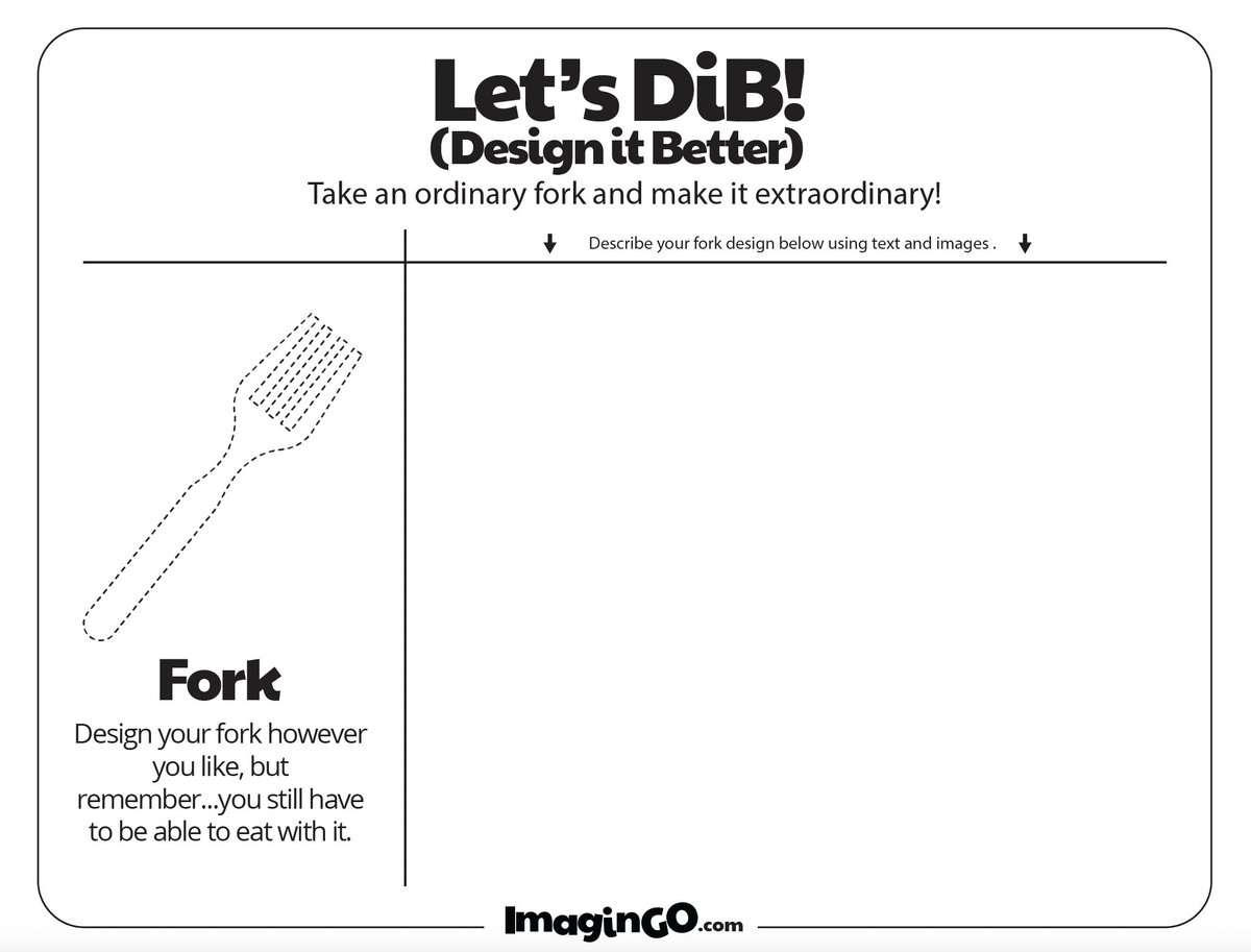 Free worksheet! Spark innovation in your classroom with a simple DiB exercise from ImaginGO. 20 minutes total: 5 minutes individual design, 15 minutes to collaborate/explain/present. Get thinking! Download here:  imagingo.com/freebies/dib-f…