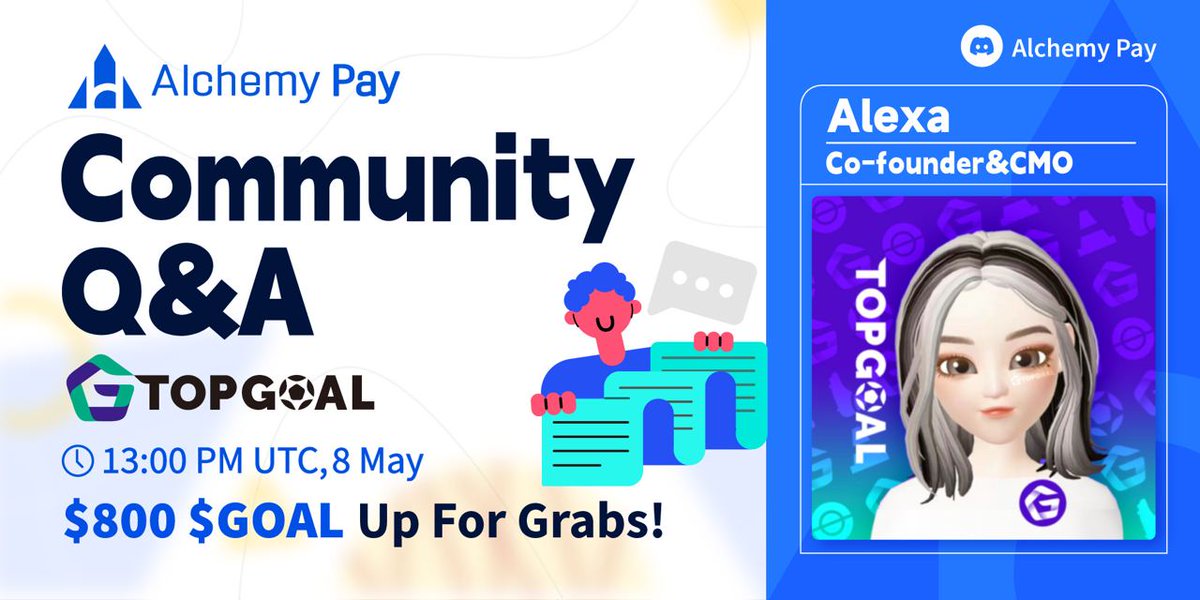 🌟 Excited to announce our upcoming AMA with @TopGoal_NFT ! 🚀 Have questions about #TopGoal? Drop them below or save them for our live Q&A! 💬 📅 13:00 PM UTC, May 8th 📍discord.gg/alchemypay 👇Finish app.galxe.com/quest/AlchemyP…