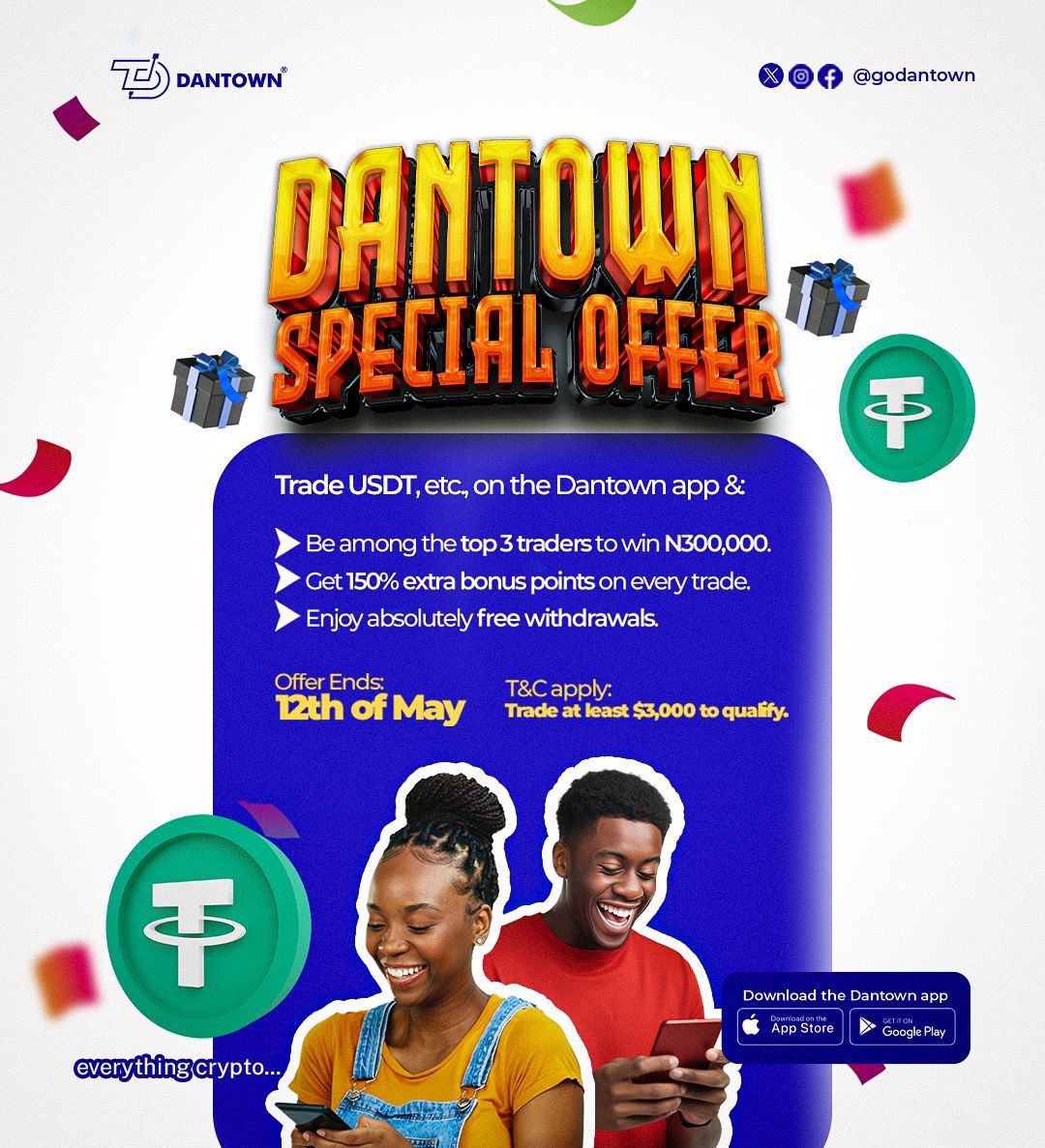 Dantown special offer starts today! In this offer, the Top 3 traders for the next 2 weeks on the app will share a whopping N300,000. Also, they’re offering; -Free withdrawals for all users. -150% extra bonus points on all trades. Don't miss out on this amazing opportunity!