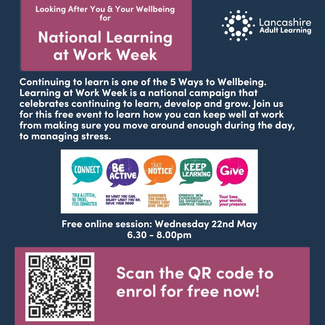 Lancashire Adult Learning (@lancslearning) on Twitter photo Recognising National Learning at Work Week, we're hosting a FREE online session 'Looking After You & Your Wellbeing'.๐๏ธ
You will learn the 5 ways to wellbeing and how to set goals to support your own health too!
๐Find out more and enrol today here! portal.mis.nelsongroup.ac.uk/Page/U_PublicCโฆ Recognising National Learning at Work Week, we're hosting a FREE online session 'Looking After You & Your Wellbeing'.๐๏ธ
You will learn the 5 ways to wellbeing and how to set goals to support your own health too!
๐Find out more and enrol today here! portal.mis.nelsongroup.ac.uk/Page/U_PublicCโฆ