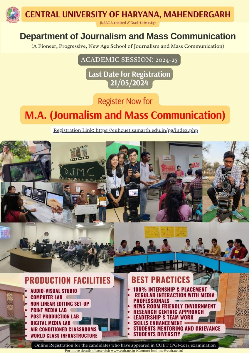 Hurry up! Last date May 21, 2024. Registration open for M.A Journalism and Mass Communication programme @CUHofficial @EduMinOfIndia @ugc_india @AIUIndia @AICTE_INDIA @DiprHaryana @PIB_India