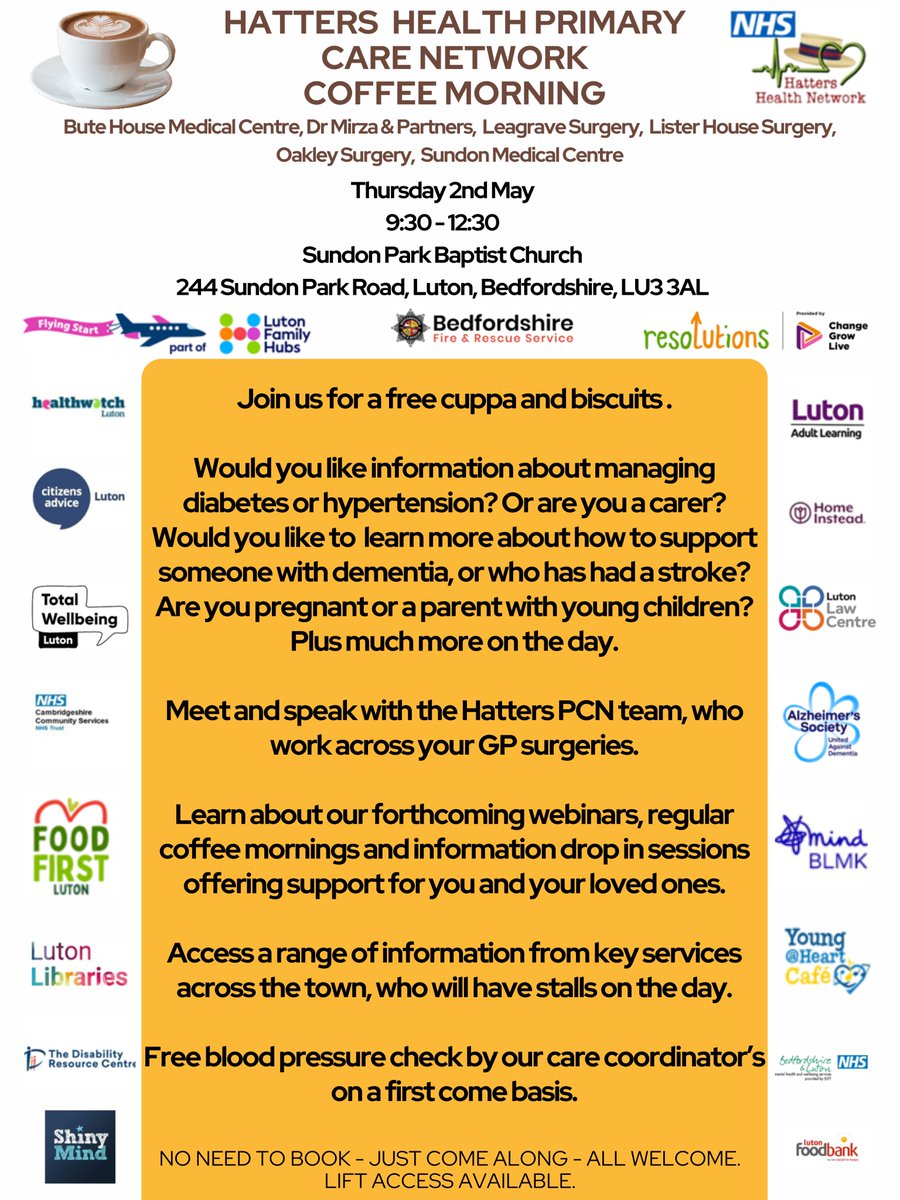 It's tomorrow! Join us for the @HattersHealth PCN Coffee Morning, have a cuppa and meet some of the services available across town☕️ 

#HattersHealthPCN #CoffeeMorning #Primarycare