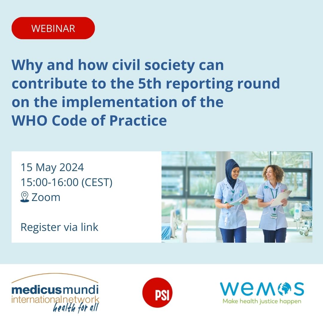 🔍The 5th round of reporting on the implementation of the WHO Global Code of Practice on the International Recruitment of Health Personnel has kicked off. Join our webinar on 15 May to learn why & how civil society can contribute to this round. Register: wemos.org/en/webinar-why…