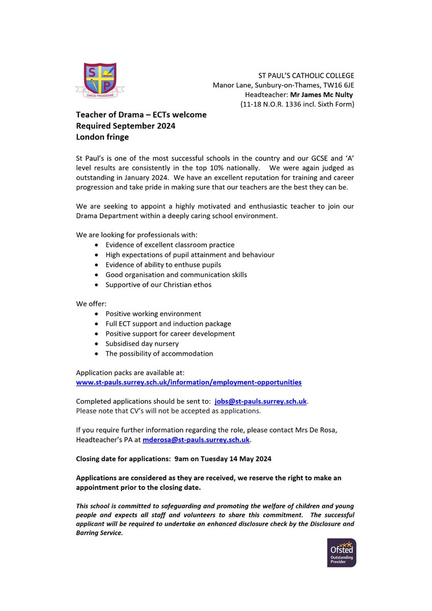 We are currently looking to appoint a Drama teacher and RE Teacher for the start of September 2024.  For further information please refer to the advertisements attached. #teaching #TeachingOpportunities #teachers #reteacher #dramateacher #Teacherrecruitment #education