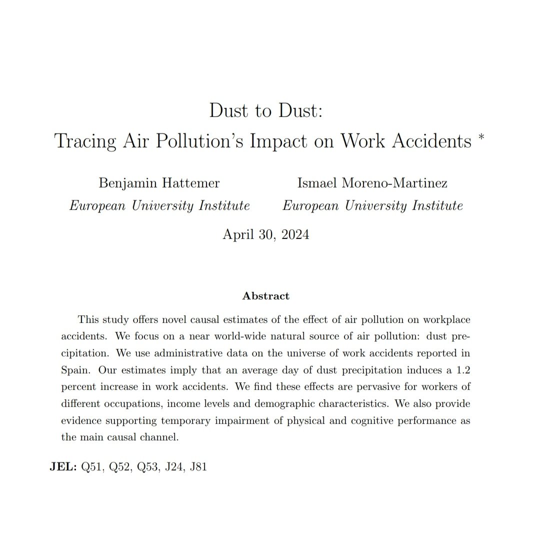 Excited to share our new working paper 'Dust to Dust: Tracing Air Pollution’s Impact on Work Accidents', joint with Benjamin Hattemer. A timely read on the week of Labour Day and #SafeDay2024.

You can find it here: papers.ssrn.com/sol3/papers.cf…

Short piece and thread coming soon!