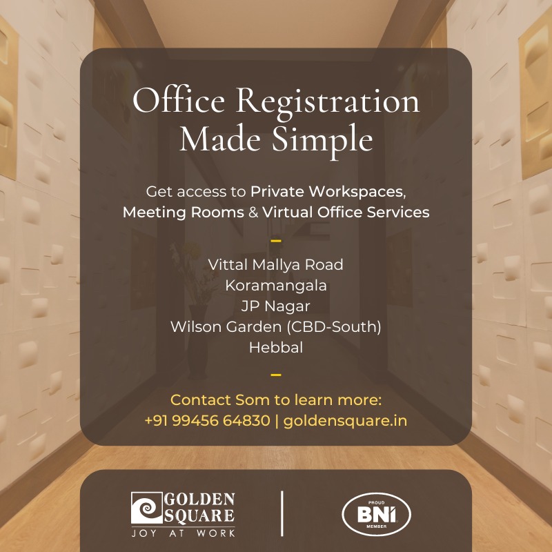 Discover the ease of office registration with Golden Square. Access private workspaces, meeting rooms, and virtual office services on-demand. 

bit.ly/451ddgH 

#BNI #GoldenSquare #MeetingRooms #BangaloreOffice #OfficeSpace #OfficeRegistration