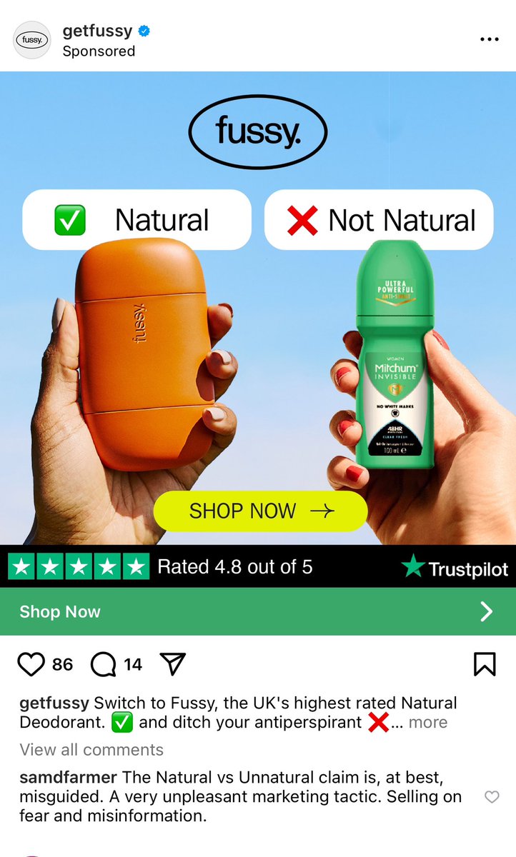 Why are Fussy doubling down on this marketing tactic? It’s a great product so why not talk about efficacy? What on earth is this natural vs unnatural nonsense? It’s just embarrassing and makes them look like they sell on fear and misinformation instead of their valid POD