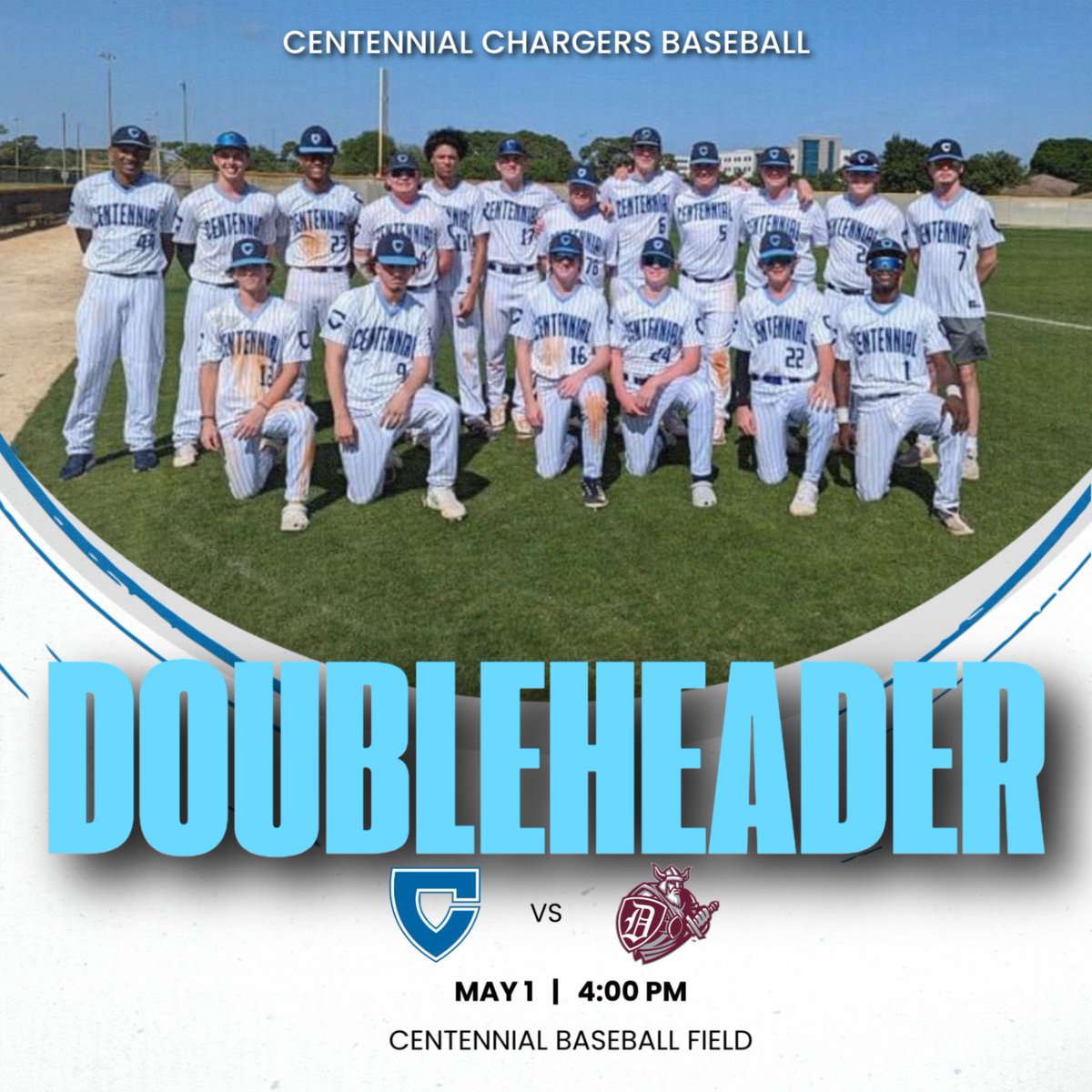 SCHEDULE CHANGE:  Today's baseball game vs. the Danville Vikings will now be a doubleheader hosted at Centennial.  Come out and support the Chargers!  First pitch at 4:00 PM.  #IfItAintBlueItAintTrue #FullyCharged