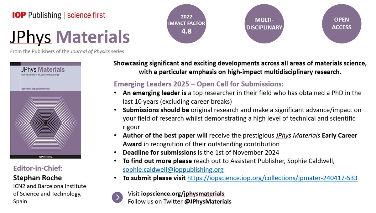 Exciting opportunity by @IOPPublishing JPhys Materials to showcase the results of early-stage emerging leaders working in materials science - the call for submissions is open (deadline: November 1st)! iopscience.iop.org/collections/jp…