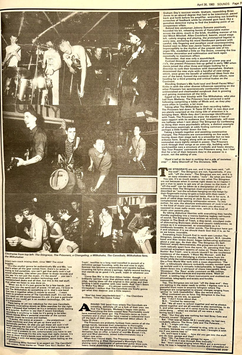ZoundsAbound's tweet photo. Ralph Traitor hunts down Mike Spenser, the gatekeeper to the #Trash music scene coming out of The Garage in Brixton.
Wonderful cover feature on a vibrant movement, initially built around Spenser’s #TheCannibals along with #TheStingrays & #TheMilkshakes.
Sounds Apr 30th 1983 https://t.co/USTkLgdSsC
