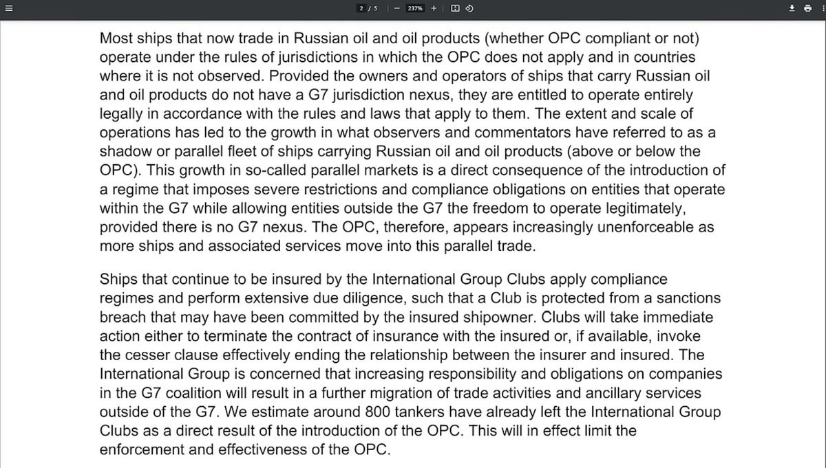 The Oil Price Cap (OPC) sanction imposed by the US on Russian oil has backfired. Text below is from the insurance industry to the UK government....@McFaul @MarkDice