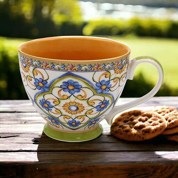 Wow 🤩 Large Tuscany Teacups! Large Teacups that hold as much as a mug. Fine China. Dishwasher and microwave safe. Holds14 fl oz . Comes in a presentation box making an ideal gift. Dimensions 11cm x 9cm 🐾🐾❤️ mrlumpyandfriends.com/?Category=Mugs Worldwide postage available