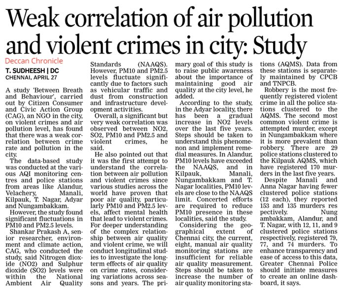 A study by CAG exploring the correlation between #AirQuality & instances of #ViolentCrime in #Chennai, has been featured by the  press. While the study finds a weak correlation between the two, the aim has been to further impress on the need for maintaining healthy air quality.
