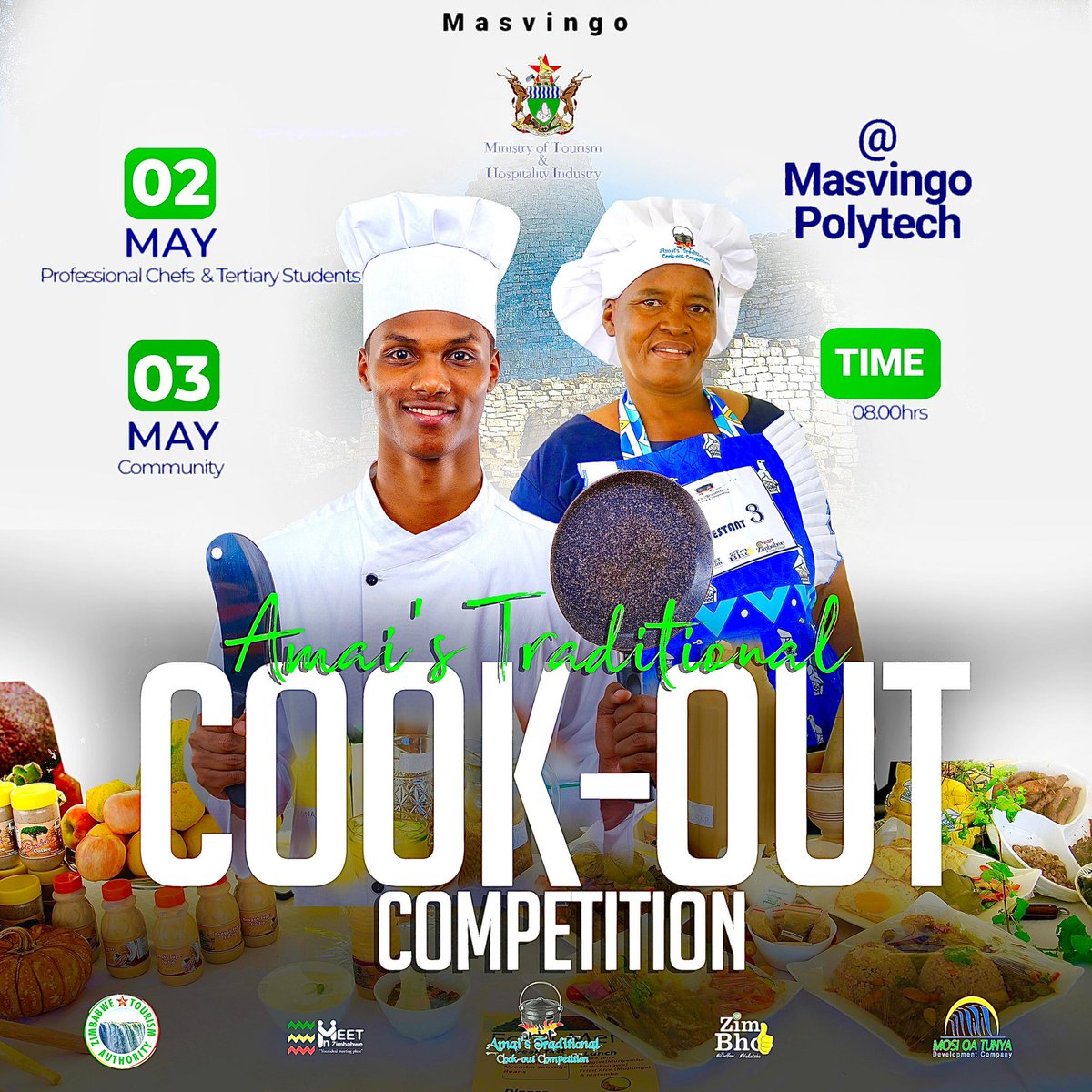 Join us tomorrow 02 May and Friday 03 May in Masvingo at Masvingo Polytechnic for the Amais Cookout Provincial Competitions.

#ZimGatronomy
#VisitZimbabwe
#ZimBho
#ZimCuisine