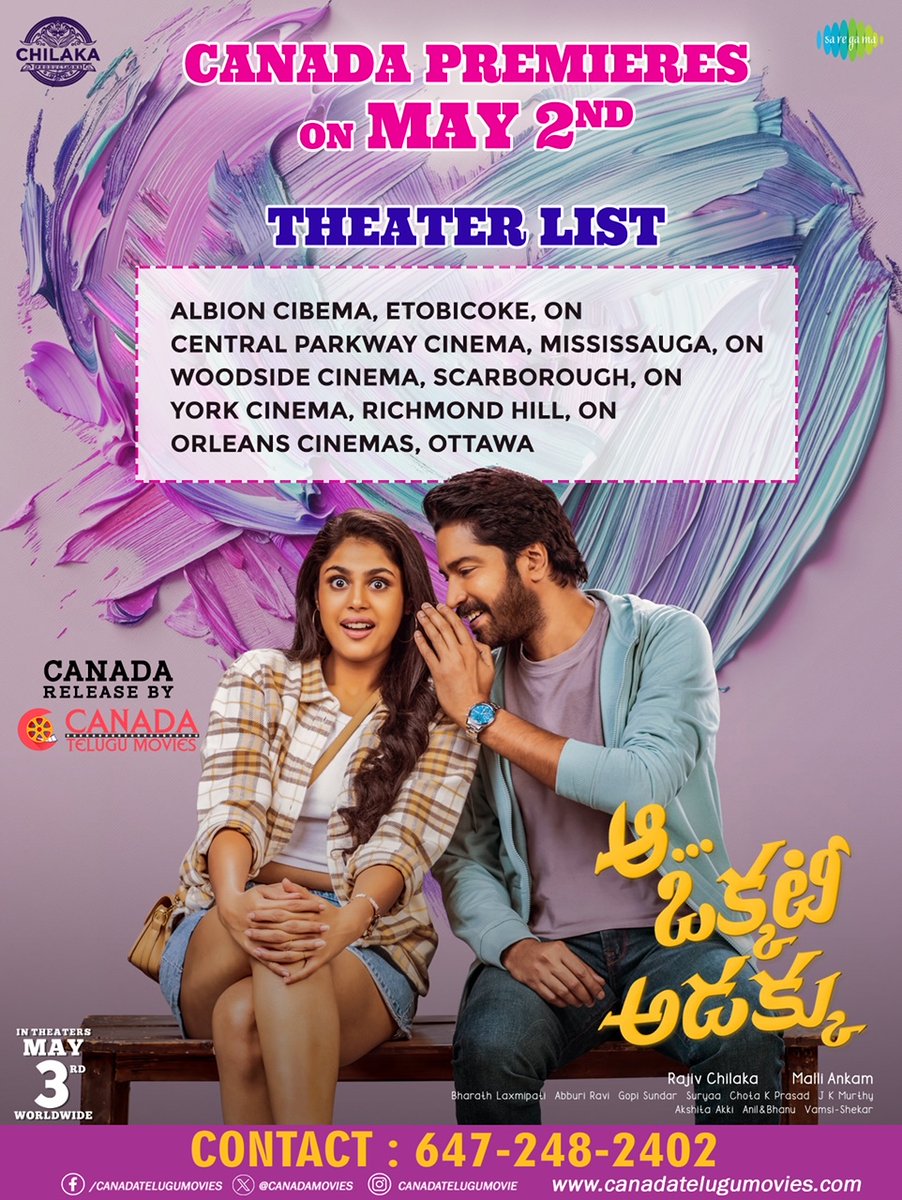 #AaOkkatiAdakku Canada premieres on May 2nd, Theater list. tickets at canadatelugumovies.com youtu.be/OK4NIfMxdQE @allarinaresh @fariaabdullah2 #VennelaKishore @harshachemudu @GopiSundarOffl @Radhakrishnaen9