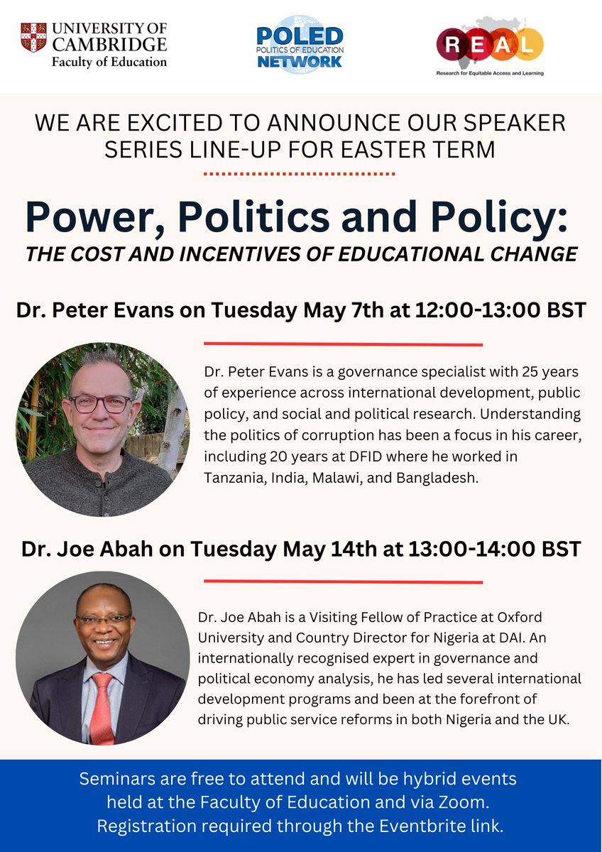 We are excited to collaborate with @polednetwork @CamEdFac for 2 seminars on Power, Politics & Policy: 7 May @PeterEvans_Guv on the political economy of education, growth & development Sign up to join in person or online tickettailor.com/events/univers… 14 May @DrJoeAbah - sadly now full
