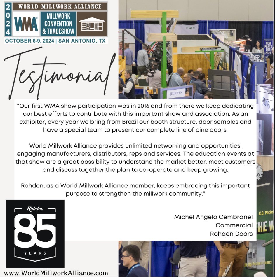 Why exhibit at the 2024 WMA Millwork Convention & Tradeshow?  Don’t take our word for it – ask our members!
 
Learn more about exhibiting at worldmillworkalliance.com/2024-exhibitor…
 
#WMA #WorldMillworkAlliance #2024WMAShow #Testimonial