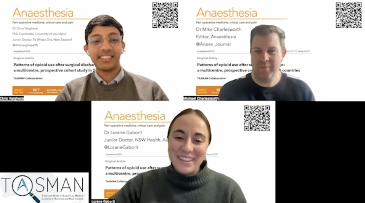 🎥Join <a href="/TASMANCollab/">TASMAN Collaborative</a>, <a href="/LoraneGaborit/">Lorane Gaborit</a> and <a href="/chrisvarghese98/">Chris Varghese</a> next Thursday 9th May at 0900 to discuss their new prospective cohort study on patterns of opioid use after surgical discharge...

4273 patients, 144 hospitals and 25 countries!

youtube.com/watch?v=2axK0k…