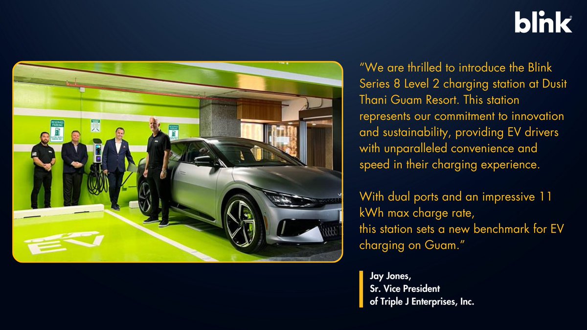 𝗖𝗼𝗹𝗹𝗮𝗯𝗼𝗿𝗮𝘁𝗶𝗼𝗻 𝗔𝗹𝗲𝗿𝘁! Blink aligns with Triple J and Guam Power Authority to drive EV adoption by expanding charging infrastructure on the island. 

#EVInfrastructure #SustainableTransport #BlinkCharging 
@GuamPower