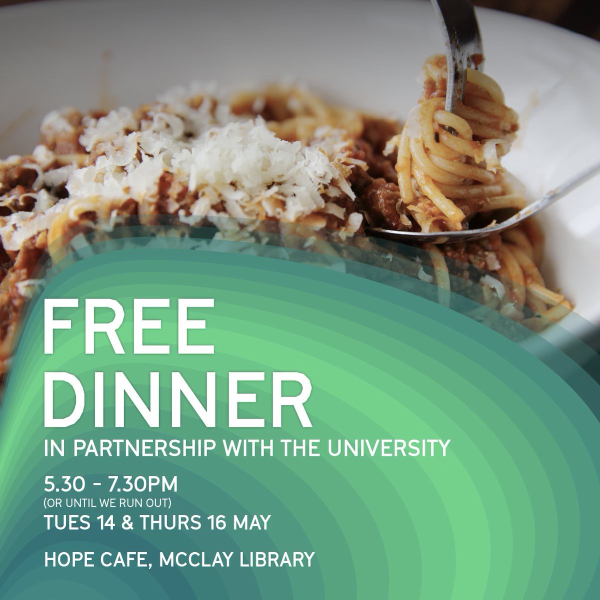 We’ve partnered with @QUBelfast to offer our students free meals on: 7, 8, 9 May, 11.30am-2pm: Free Lunch in SU Foyer 14 & 16 May, 5.30-7.30pm: Free Dinner in Hope Café, McClay Library Vegan & Gluten Free options available. Presentation of student card required.