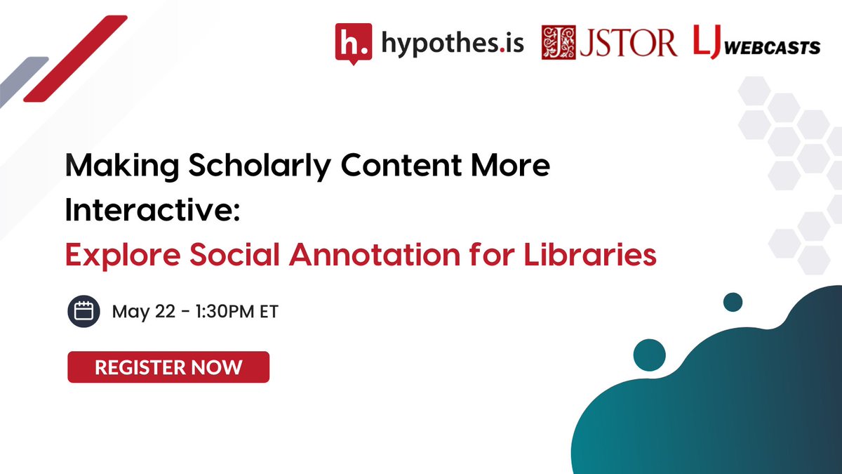 Dive into the world of social annotation with @Hypothesis and @JSTOR! Join us on May 22 at 1:30 PM EDT for an exclusive webinar exploring how to make scholarly content more interactive and accessible for students. Register today! hubs.li/Q02vy-lw0 #SocialAnnotation